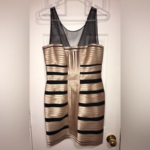BCBG Maxazria Gold Bandage Mini Dress with Mesh